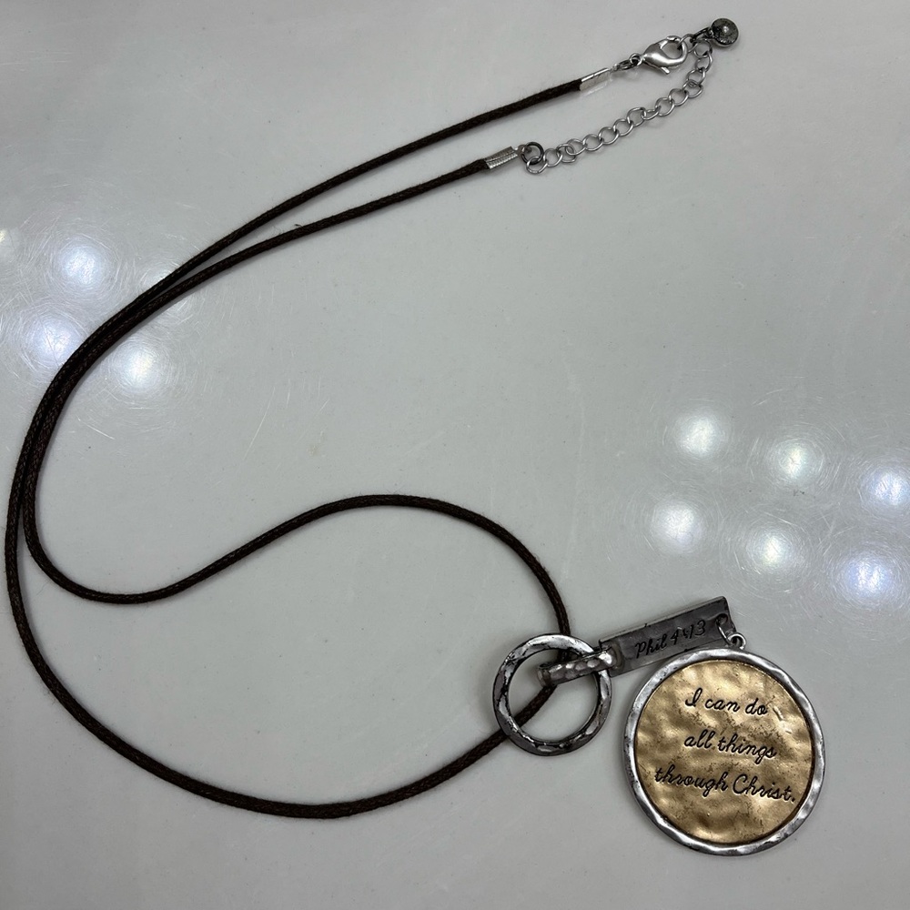 Inspirational Pendant Necklace Phil 4:13 with Brown Cord